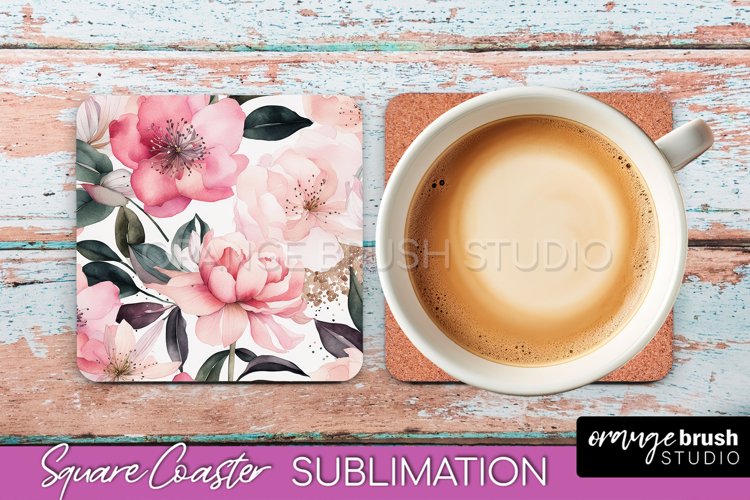 Watercolor Flowers Square Coaster - Floral Pink Sublimation