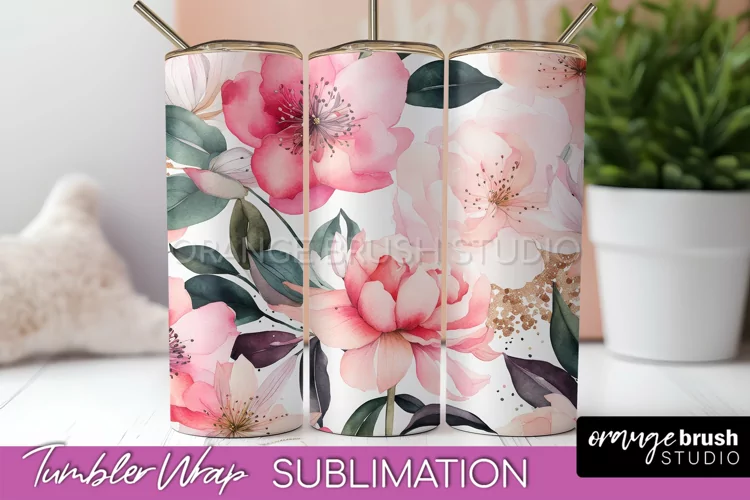 Floral Tumbler Wrap - Pink Flowers Watercolor Tumbler PNG