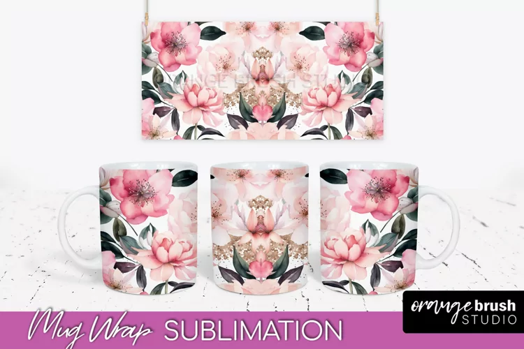 Pink Watercolor Flowers Mug Wrap - Floral Mug Sublimation
