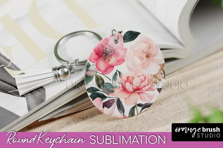 Pink Flowers Keychain, Floral Keychain Sublimation Design