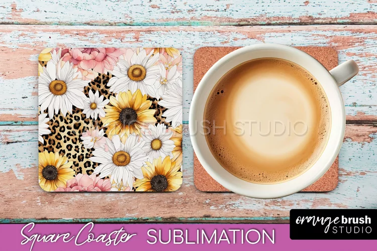 Watercolor Flowers Square Coaster - Floral Pink Sublimation