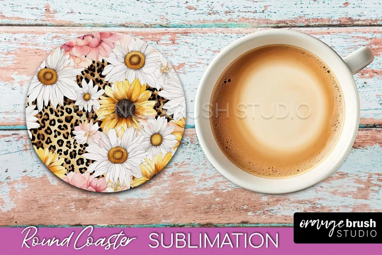 Watercolor Flowers Round Coaster - Floral Pink Sublimation