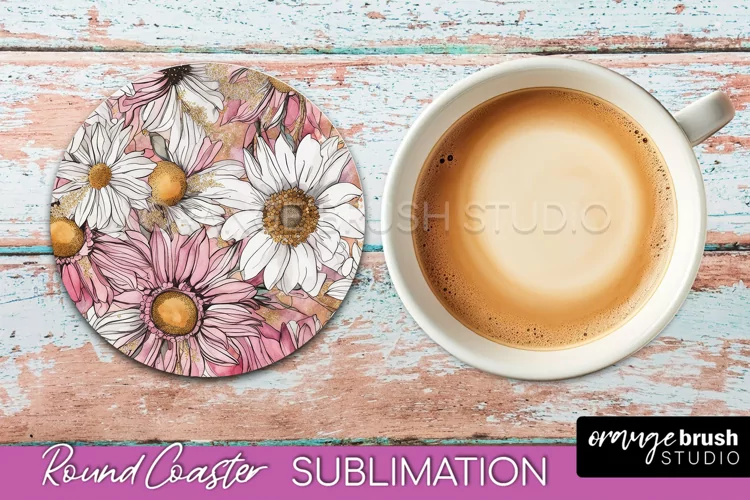 Watercolor Flowers Round Coaster - Floral Pink Sublimation