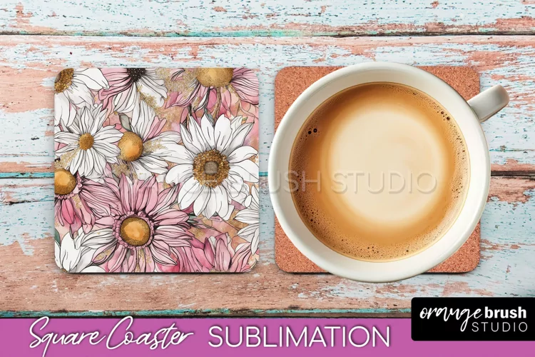 Watercolor Flowers Square Coaster - Floral Pink Sublimation