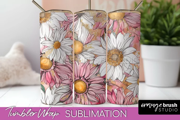 Floral Tumbler Wrap - Pink Flowers Watercolor Tumbler PNG