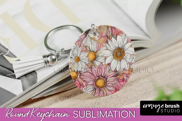 Pink Flowers Keychain, Floral Keychain Sublimation Design