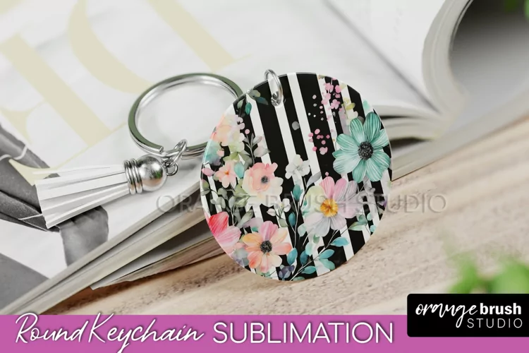 Pink Flowers Keychain, Floral Keychain Sublimation Design