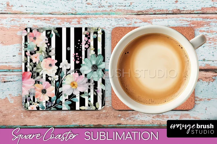 Watercolor Flowers Square Coaster - Floral Pink Sublimation