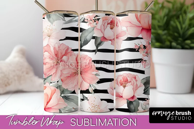 Floral Tumbler Wrap - Pink Flowers Watercolor Tumbler PNG