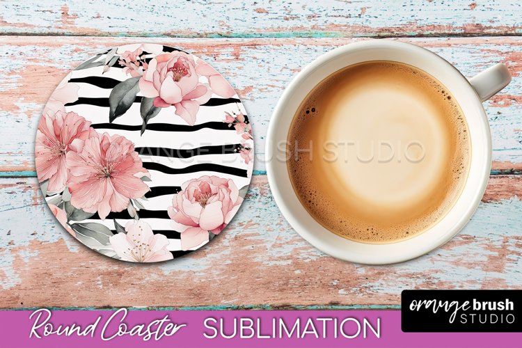 Watercolor Flowers Round Coaster - Floral Pink Sublimation