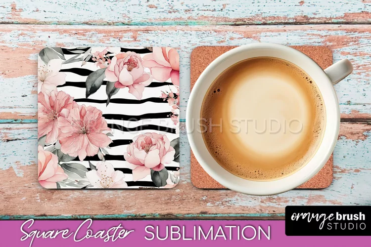 Watercolor Flowers Square Coaster - Floral Pink Sublimation
