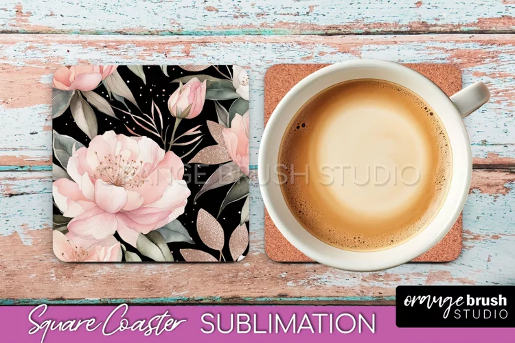 Watercolor Flowers Square Coaster - Floral Pink Sublimation