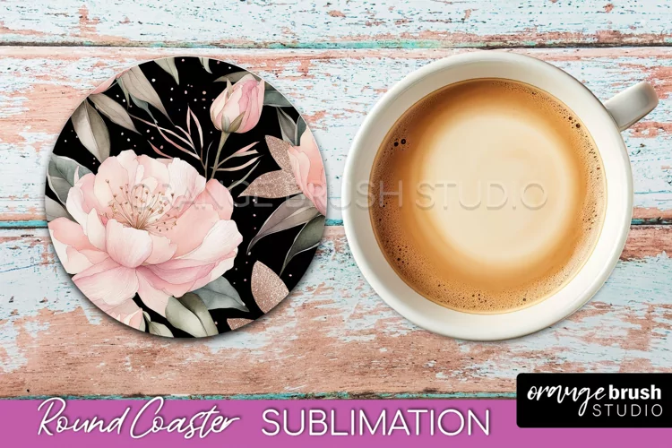 Watercolor Flowers Round Coaster - Floral Pink Sublimation
