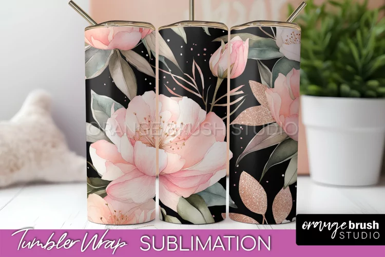 Floral Tumbler Wrap - Pink Flowers Watercolor Tumbler PNG