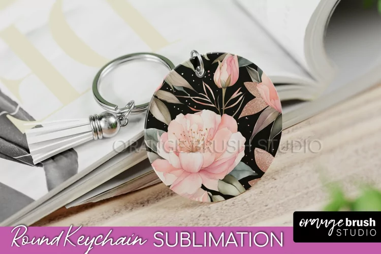 Pink Flowers Keychain, Floral Keychain Sublimation Design