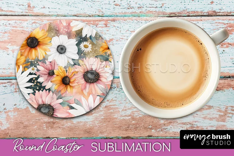 Watercolor Flowers Round Coaster - Floral Pink Sublimation