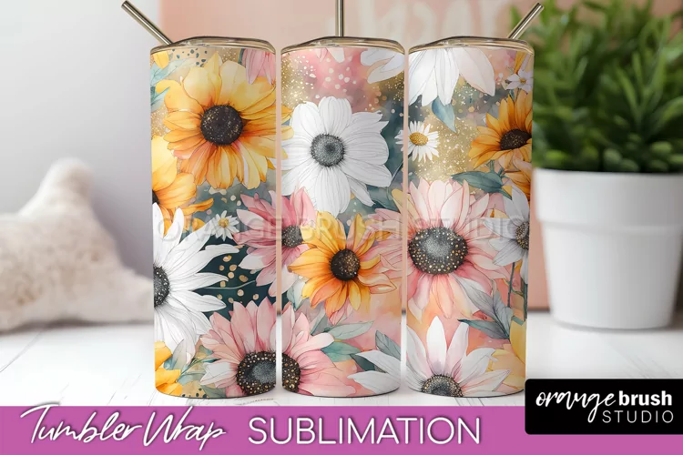 Floral Tumbler Wrap - Pink Flowers Watercolor Tumbler PNG