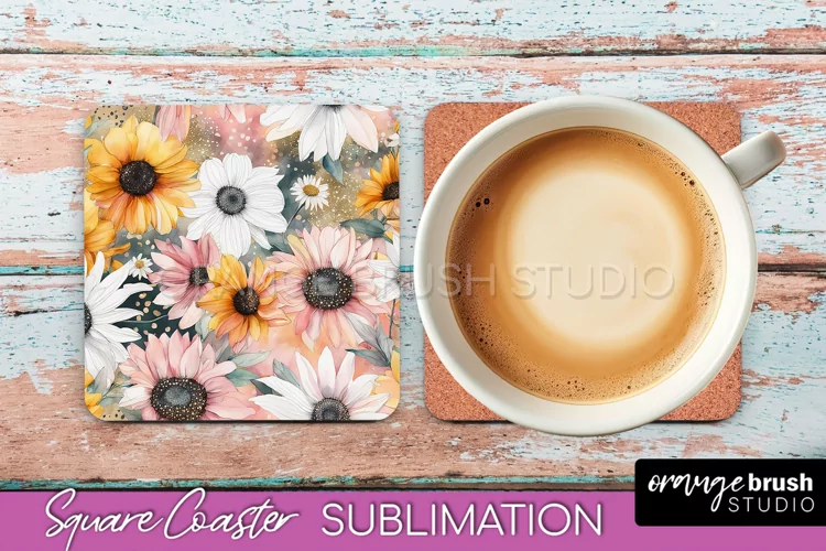 Watercolor Flowers Square Coaster - Floral Pink Sublimation