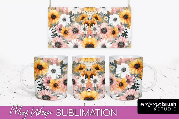 Pink Watercolor Flowers Mug Wrap - Floral Mug Sublimation