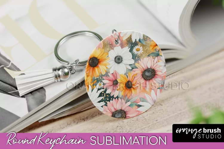 Pink Flowers Keychain, Floral Keychain Sublimation Design