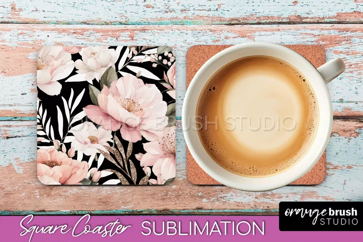 Watercolor Flowers Square Coaster - Floral Pink Sublimation