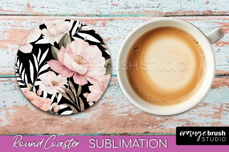 Watercolor Flowers Round Coaster - Floral Pink Sublimation