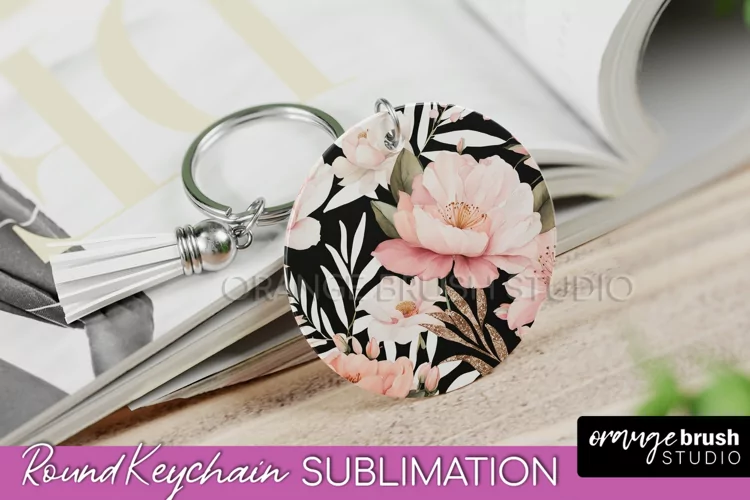 Pink Flowers Keychain, Floral Keychain Sublimation Design