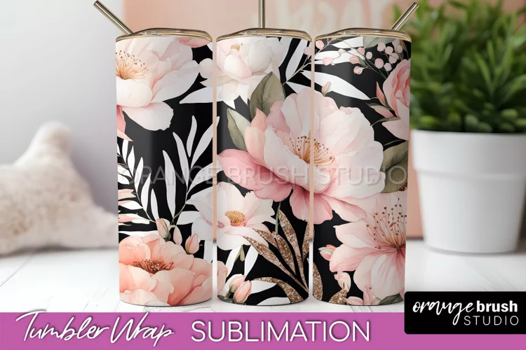 Floral Tumbler Wrap - Pink Flowers Watercolor Tumbler PNG