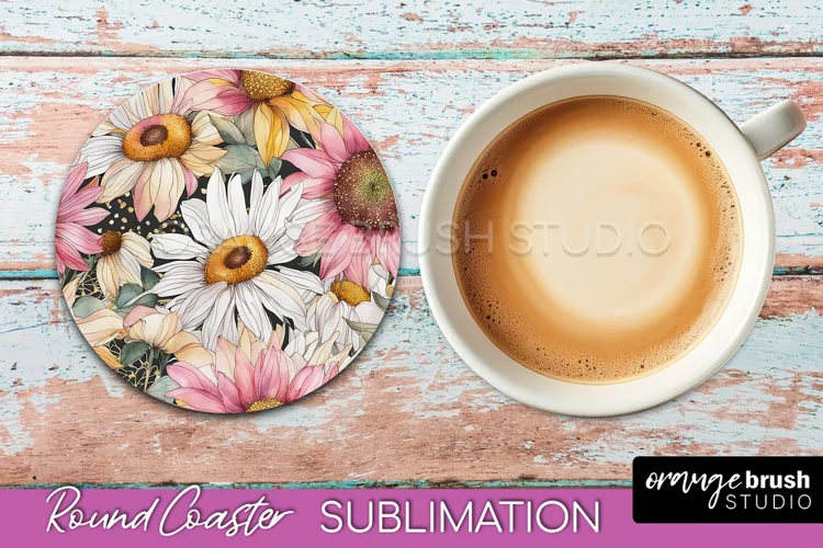 Watercolor Flowers Round Coaster - Floral Pink Sublimation