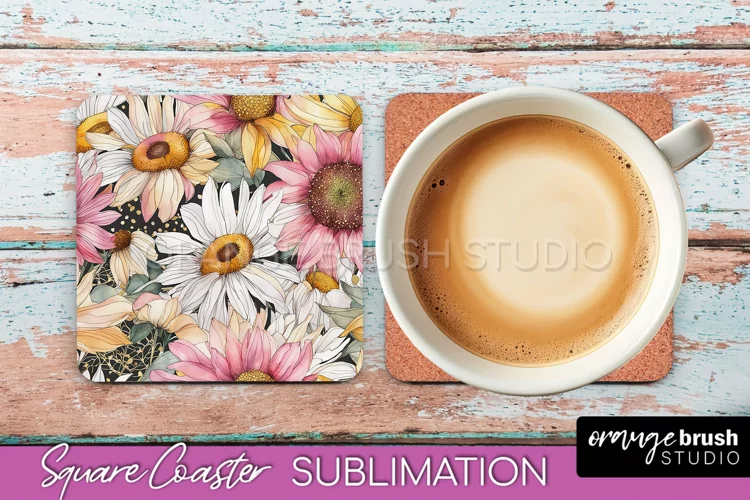 Watercolor Flowers Square Coaster - Floral Pink Sublimation