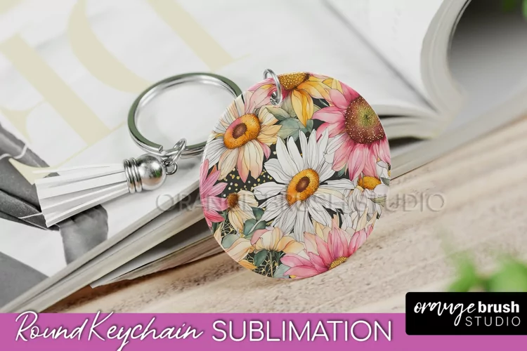 Pink Flowers Keychain, Floral Keychain Sublimation Design