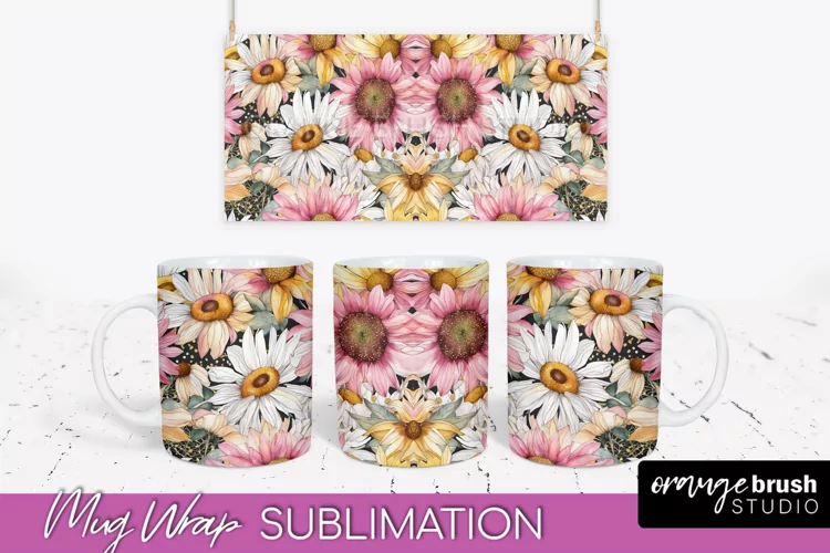 Pink Watercolor Flowers Mug Wrap - Floral Mug Sublimation