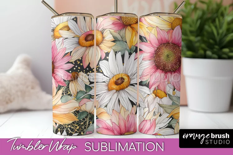 Floral Tumbler Wrap - Pink Flowers Watercolor Tumbler PNG