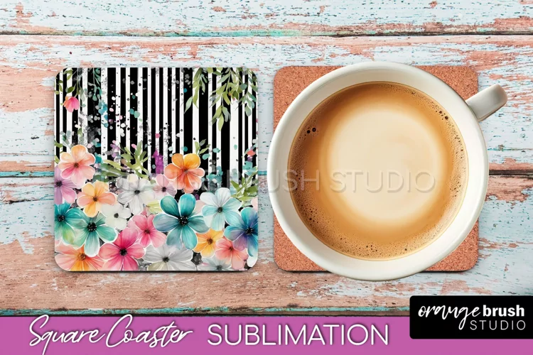 Watercolor Flowers Square Coaster - Floral Pink Sublimation