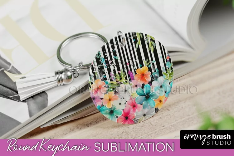 Pink Flowers Keychain, Floral Keychain Sublimation Design
