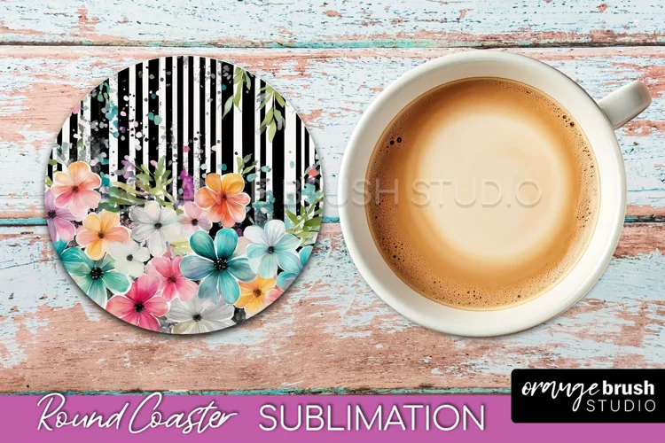 Watercolor Flowers Round Coaster - Floral Pink Sublimation