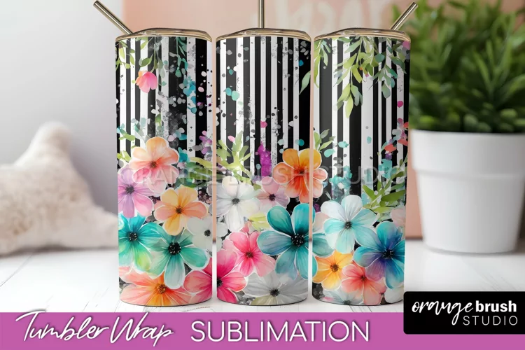Floral Tumbler Wrap - Pink Flowers Watercolor Tumbler PNG