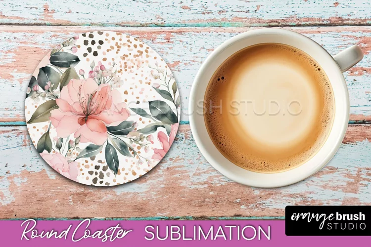 Watercolor Flowers Round Coaster - Floral Pink Sublimation