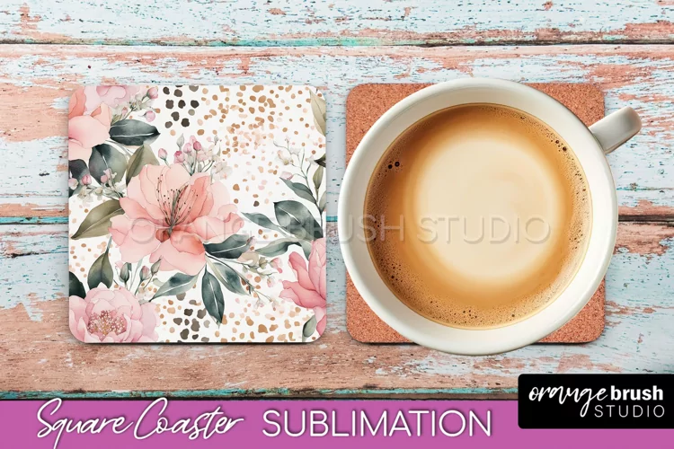 Watercolor Flowers Square Coaster - Floral Pink Sublimation