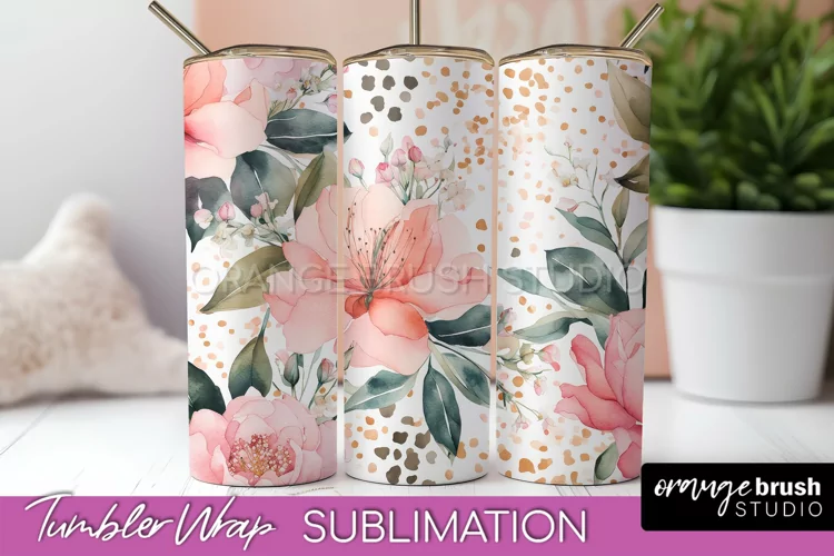 Floral Tumbler Wrap - Pink Flowers Watercolor Tumbler PNG