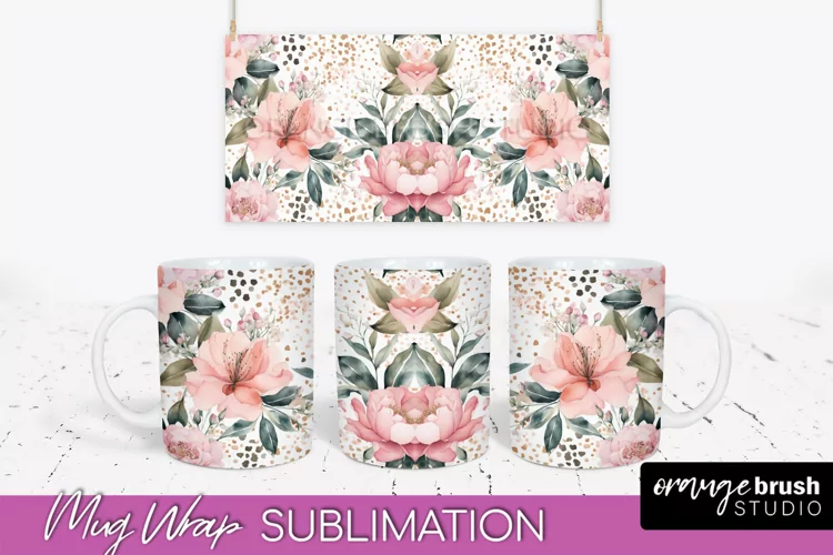 Pink Watercolor Flowers Mug Wrap - Floral Mug Sublimation