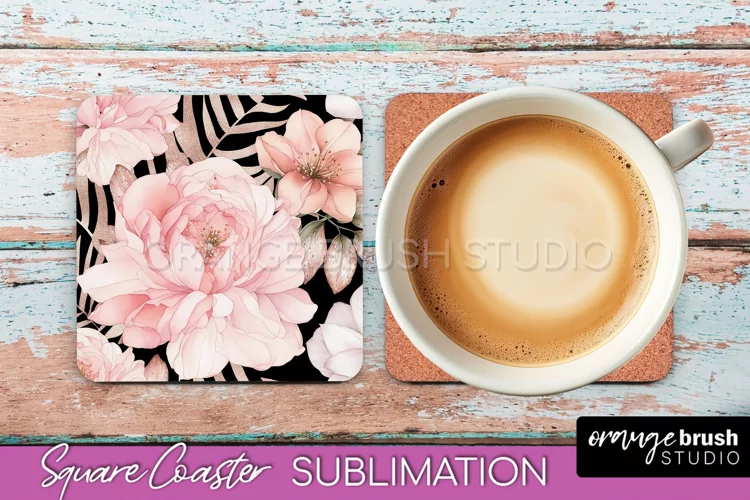 Watercolor Flowers Square Coaster - Floral Pink Sublimation