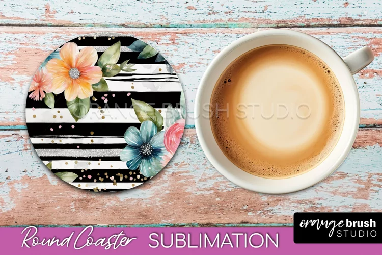 Watercolor Flowers Round Coaster - Floral Pink Sublimation