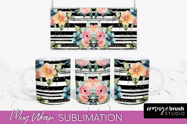 Pink Watercolor Flowers Mug Wrap - Floral Mug Sublimation