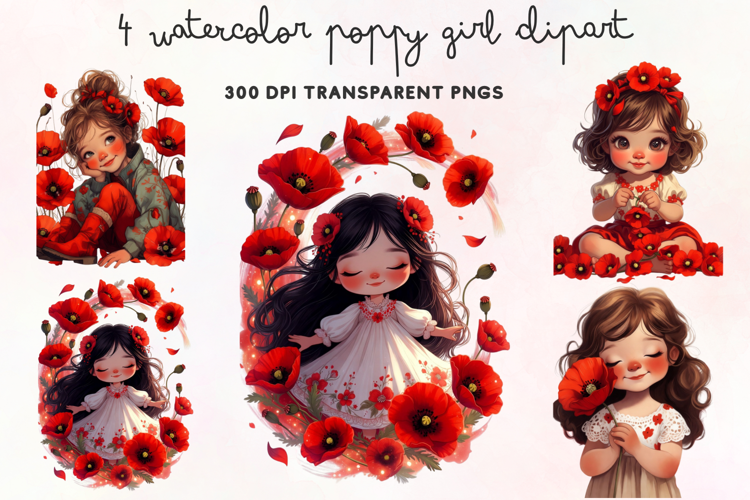 Watercolor Poppy Girl Clipart PNG
