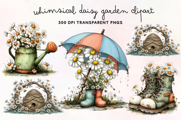 Whimsical Daisy Garden Clipart PNG example image 1