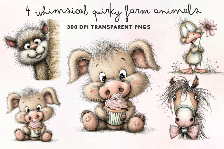 Whimsical Quirky Farm Animals Clipart PNG