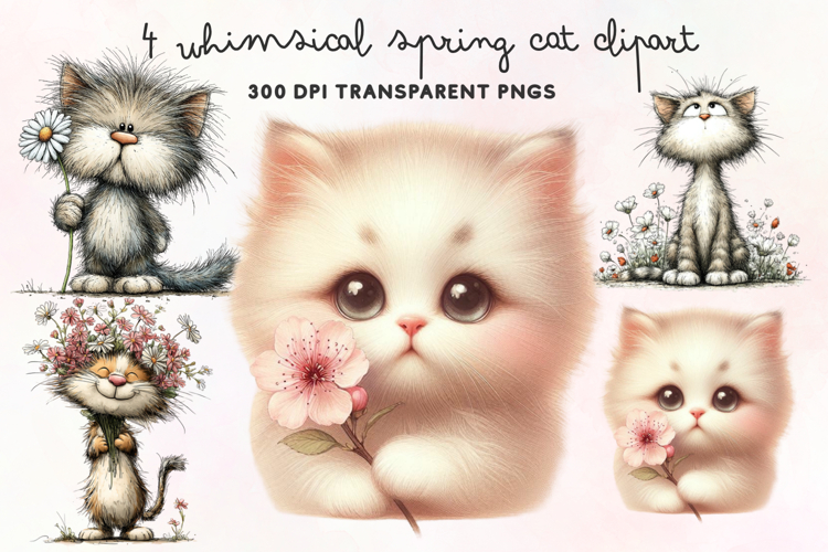 Whimsical Spring Cat Clipart PNG
