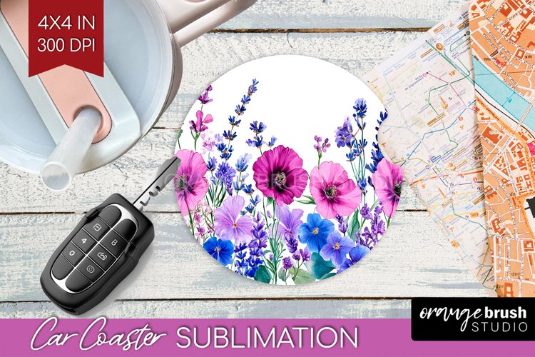 Wildflowers Car Coaster - Watercolor Flowers Coaster PNG