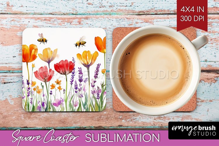 Wildflowers Square Coaster - Watercolor Flowers Coaster PNG